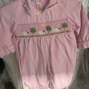 Pink Baby Romper with Sheep Embroidery